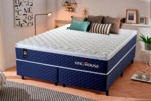 Imagem de Conjunto Cama Box King Size Lagras 193x203x66 Azul c/ Molas Ensacadas