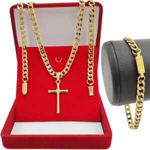 Imagem de Corrente Masculina Banhada A Ouro 18k 70cm Grosso +ping Cruz+pulseira Grumet