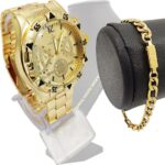 Imagem de Relógio Masculino Barato Dourado Grande + Conjunto Corrente Masculina