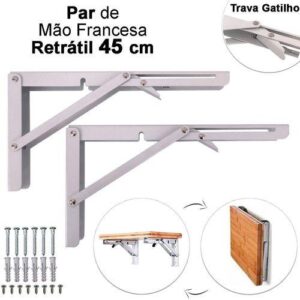 Imagem de Kit 2 Suportes Mão Francesa Cantoneira Dobrável Retrátil Reforçada Prateleira Mesa 45cm