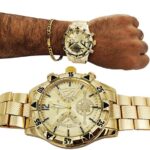 Imagem de Relógio Masculino Barato Dourado Grande + Conjunto Corrente Masculina