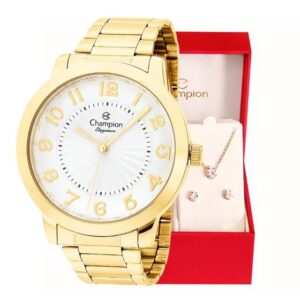 Imagem de Relógio Feminino Dourado Champion Elegance CN25118W Prova D Agua + Colar e Brincos