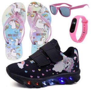 Imagem de Tenis Infantil De Led Unicornio + Chinelo Oculos Relogio