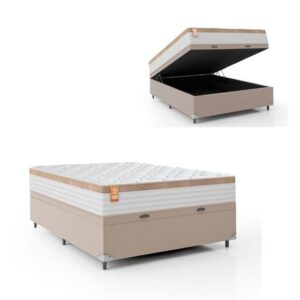 Imagem de Cama Box Baú Casal Colchão Molas Ensacadas Real 138x188x68cm Branco / Bege - Suporta até 130Kg