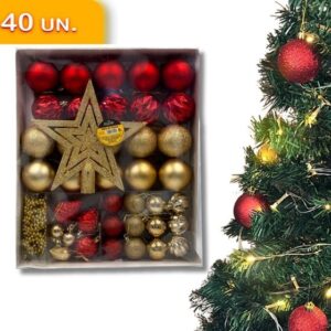 Imagem de Kit 40 Enfeites Para Árvore de Natal Bolas Estrela Dourado e Vermelho Completo Premium